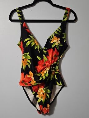 Beach Bay Black Floral One-Piece Swimsuit with Red & Yellow Blooms Size 12